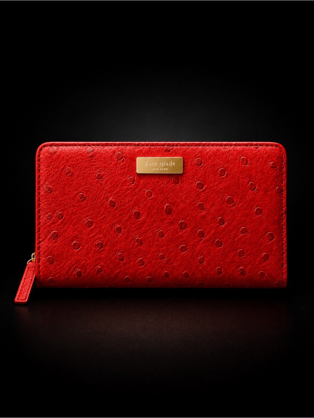 Kate Spade New York Scarlet Red Ostrich Embossed Zip Around Continental Wallet